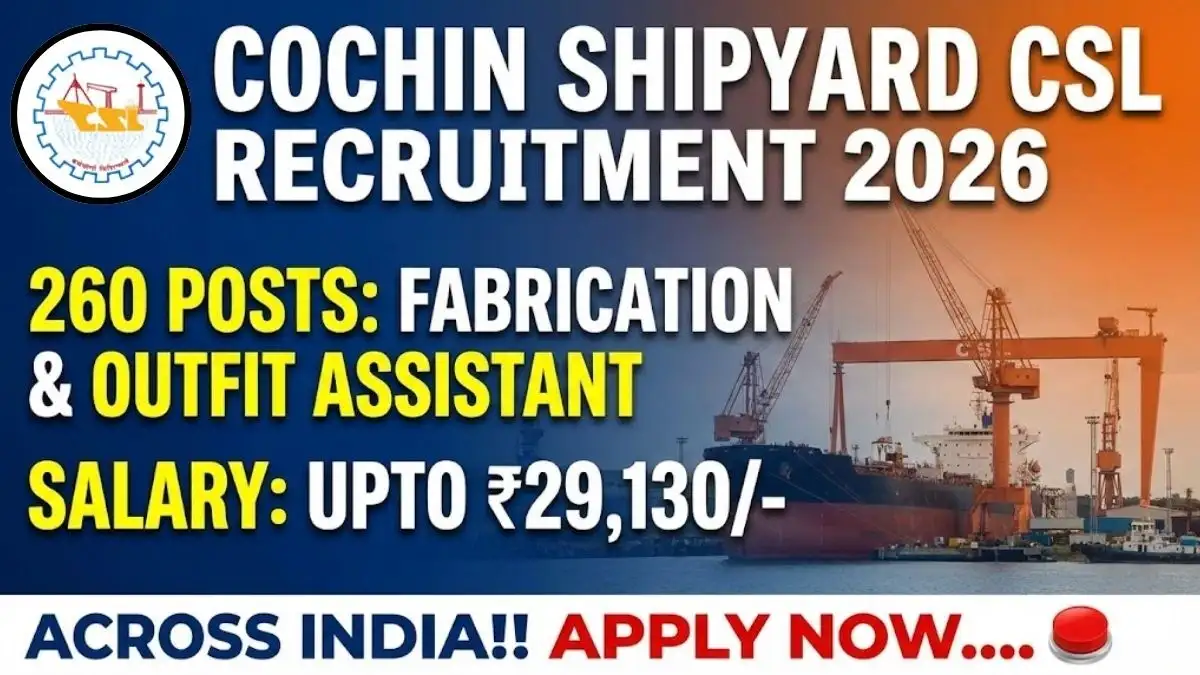 Cochin Shipyard CSL Workmen Recruitment 2026 - Apply Now for 260+ Posts